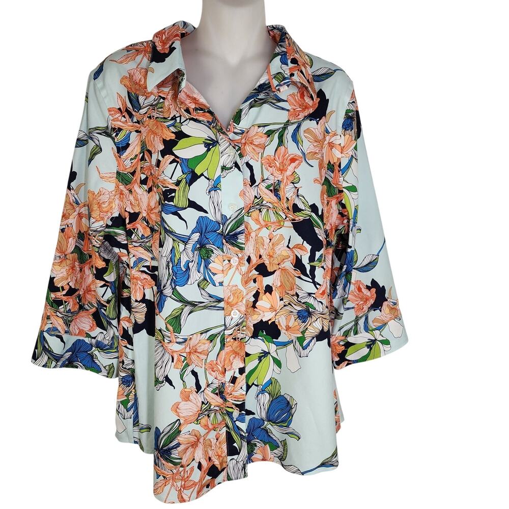 Chico's Women Non Iron Stretch Shirt Size 12/14 Tropical Floral Fairy 3/4 Sleeve